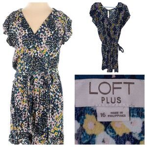 LOFT Plus Floral Flutter Sleeve Romper Jumpsuit With‎ Belt and Pockets Size 16
